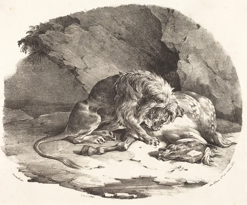 Lion Devouring a Horse by Théodore Gericault, print, 1823