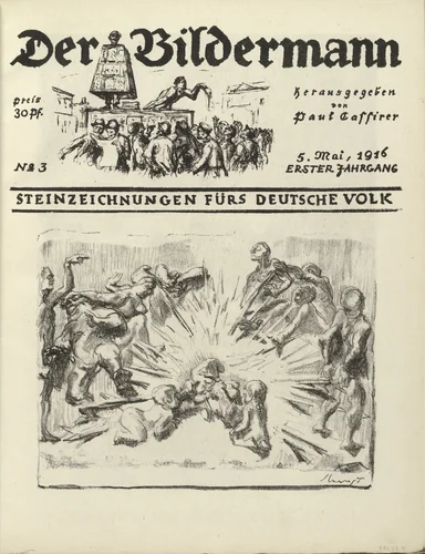 Untitled: Fear of the Average German [O(hne) T(itel). (Furcht vor dem deutschen Michel)] (folio 6) from the periodical Der Bildermann, vol. 1, no. 3 (May 1916) by Max Slevogt, periodical, 1916