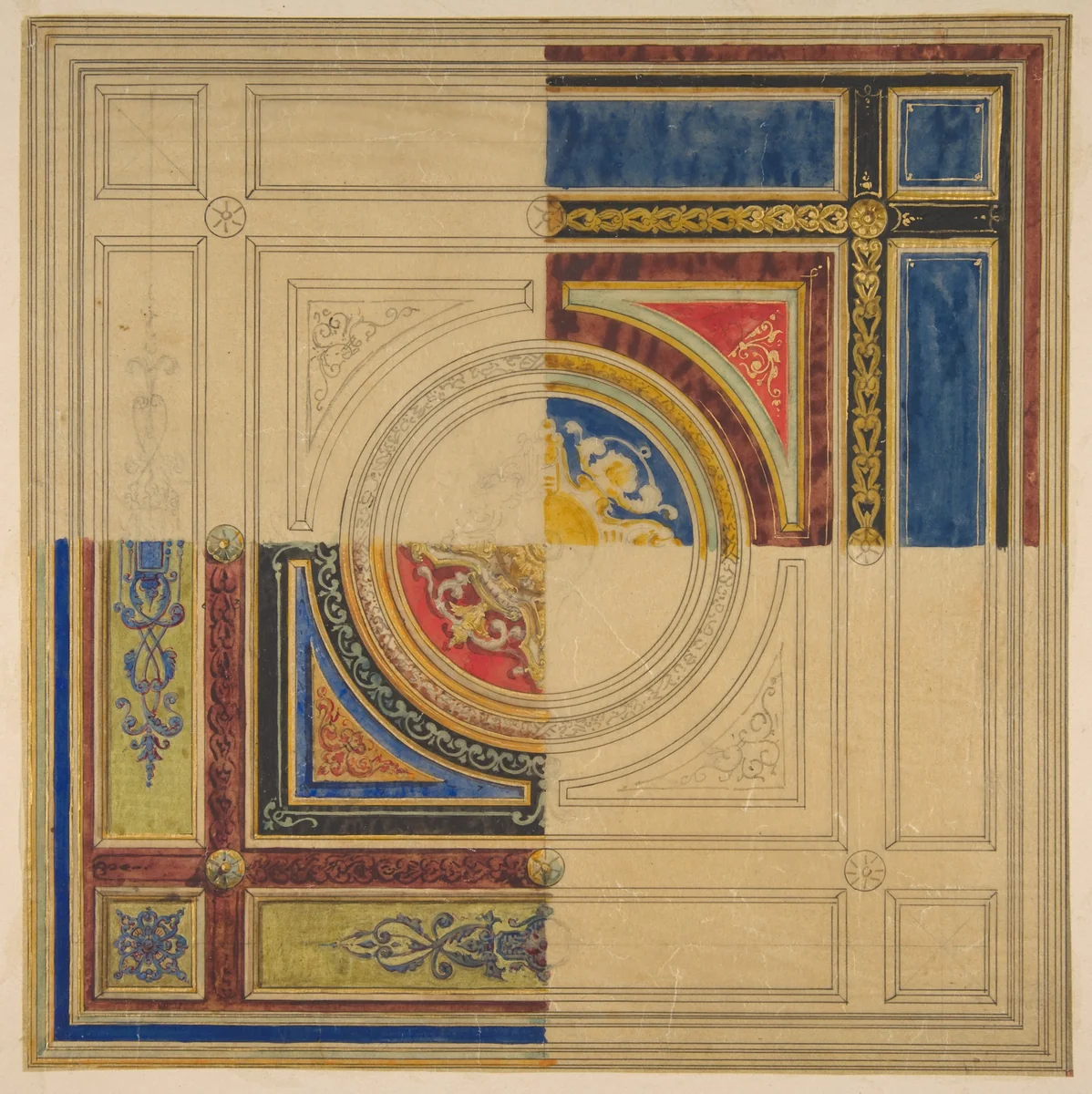 Design for a paneled ceiling with alternative decorations by Jules-Edmond-Charles Lachaise, drawing, 1820-1897