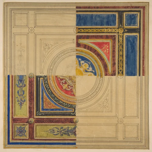 Design for a paneled ceiling with alternative decorations by Jules-Edmond-Charles Lachaise, drawing, 1820-1897