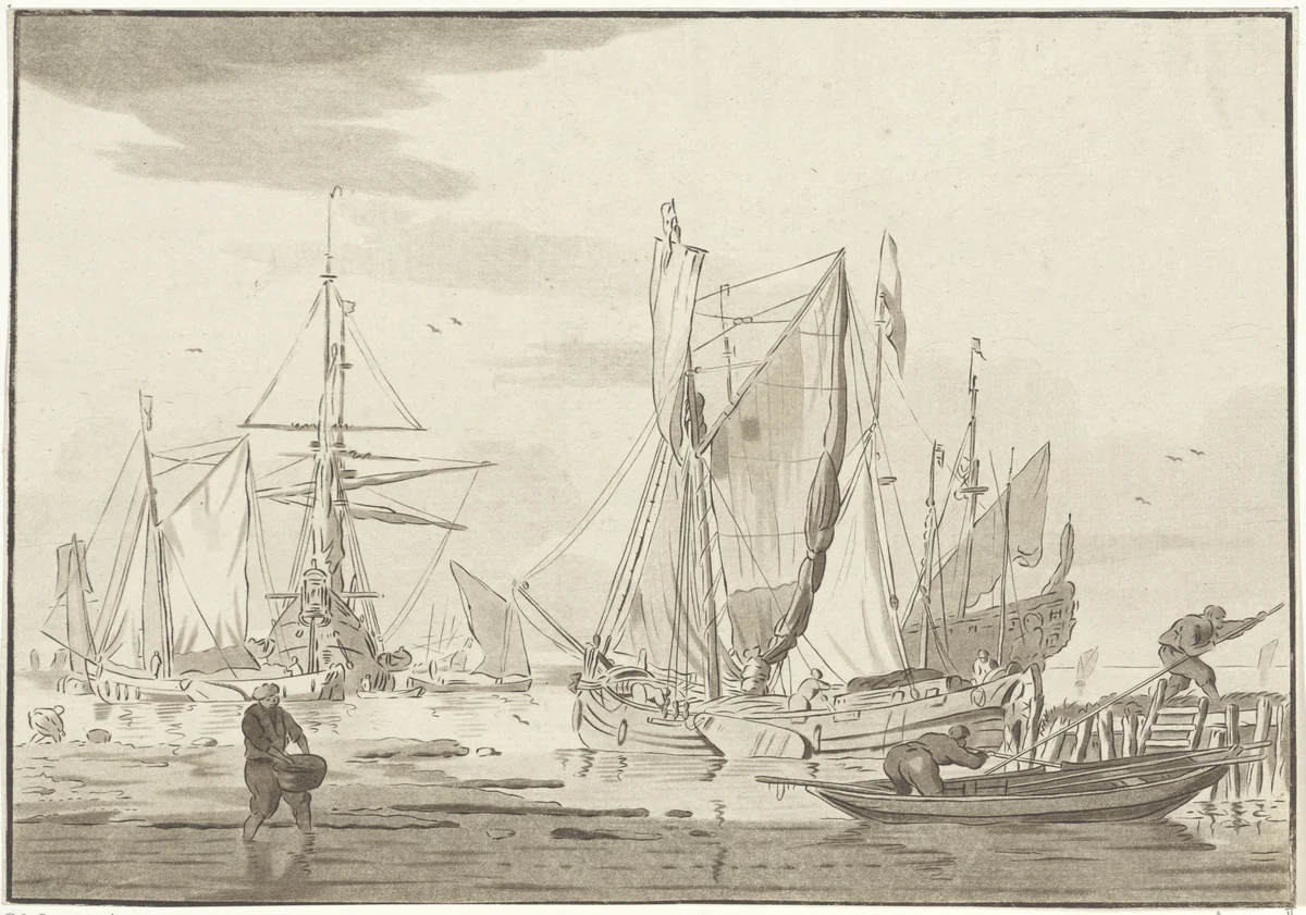 Lossen van aangemeerde schepen by Bernhard Schreuder, print, 1767-1780