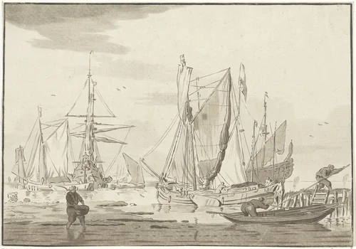 Lossen van aangemeerde schepen by Bernhard Schreuder, print, 1767-1780