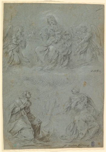 The Virgin and Child in Glory Adored by Saints Catherine and Lucy by Dirck Hendricksz, drawing, 1562-1618