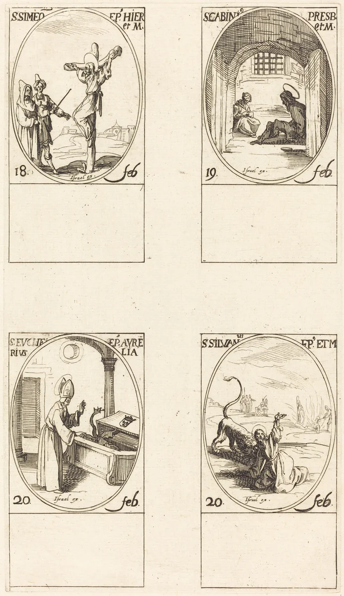 St. Simeon; St. Gabinius; St. Eucharius; St. Silvanus by Jacques Callot, print, 1627-1637