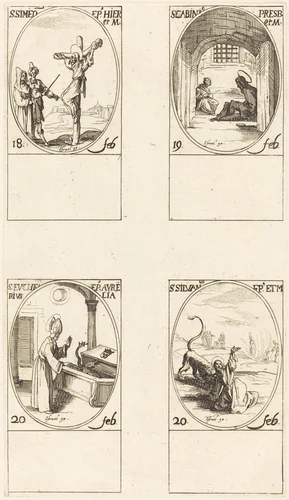 St. Simeon; St. Gabinius; St. Eucharius; St. Silvanus by Jacques Callot, print, 1627-1637