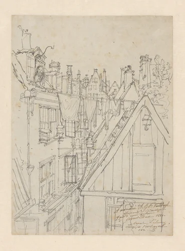 Uitzicht op huizen in Amsterdam by Maxime François Antoine Lalanne, drawing, 1880