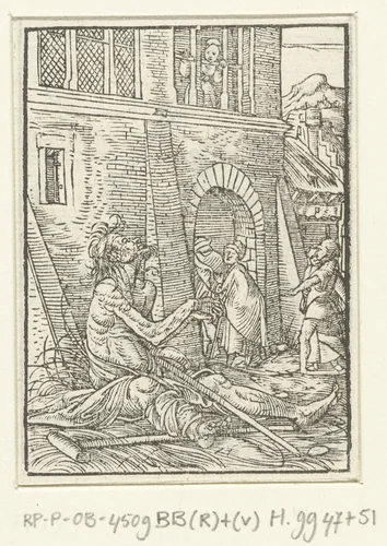Bedelende zieke man voor een stadspoort by Unknown, print, 1547