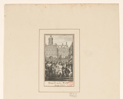 Oproer op de Dam tijdens het Aansprekersoproer, 1696 by Laurens Scherm, print, 1702