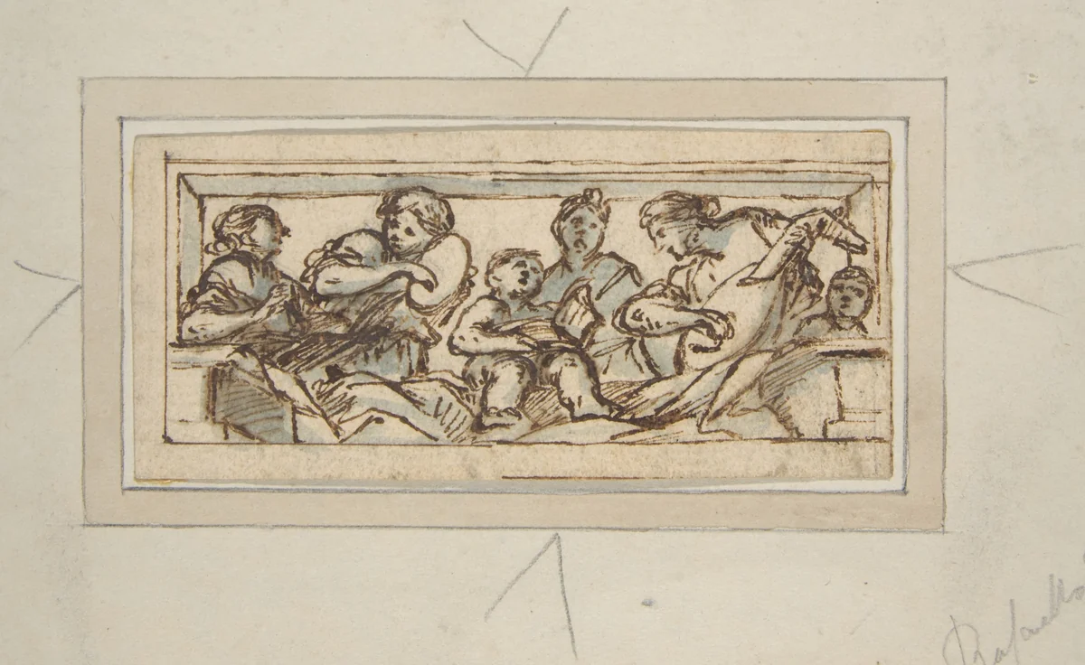 Six Music-Making Figures by Giovanni Francesco Romanelli, drawing, 1610-1662