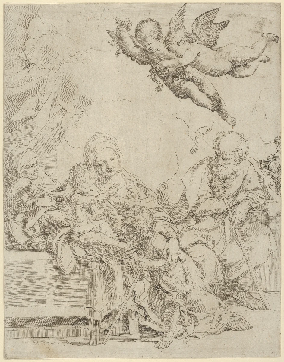 The Holy Family with young John the Baptist and Saint Elizabeth, two angels above by Guido Reni, print, 1585-1615