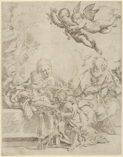 The Holy Family with young John the Baptist and Saint Elizabeth, two angels above by Guido Reni, print, 1585-1615