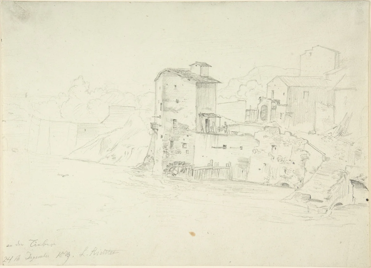 Landscape with Mill and Buildings by Adrian Ludwig Richter, drawing, 1820-1884