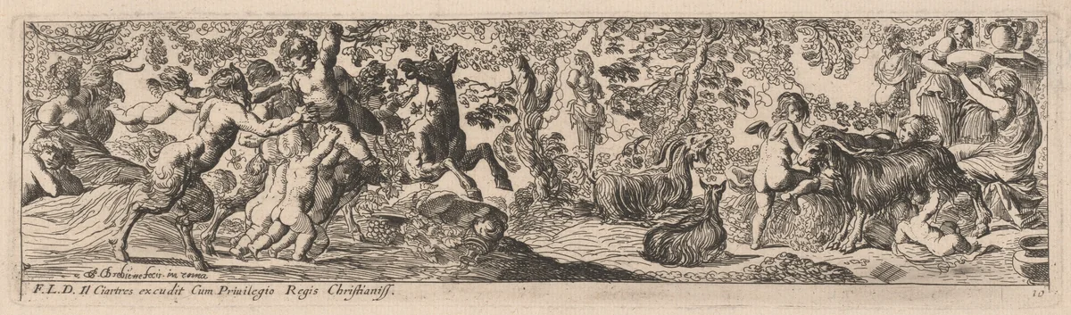 Satyrs and Putti Playing with Animals by Pierre Brebiette; François Langlois, print, 1626