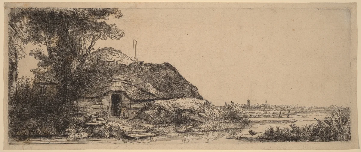 Landscape with a Cottage and a Large Tree by Rembrandt van Rijn, print, 1641