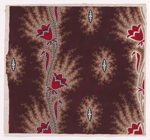 Textile Design with Vertical Garlands of Stylized Flowers and Leaves and Pearls with Offsetting Branches Separated by Vertical Rows of Alternating Shuttle-Shaped Motifs with a Small Rosette Flanked by Two Leaves with Offsetting Branches by anonymous, drawing, 1840