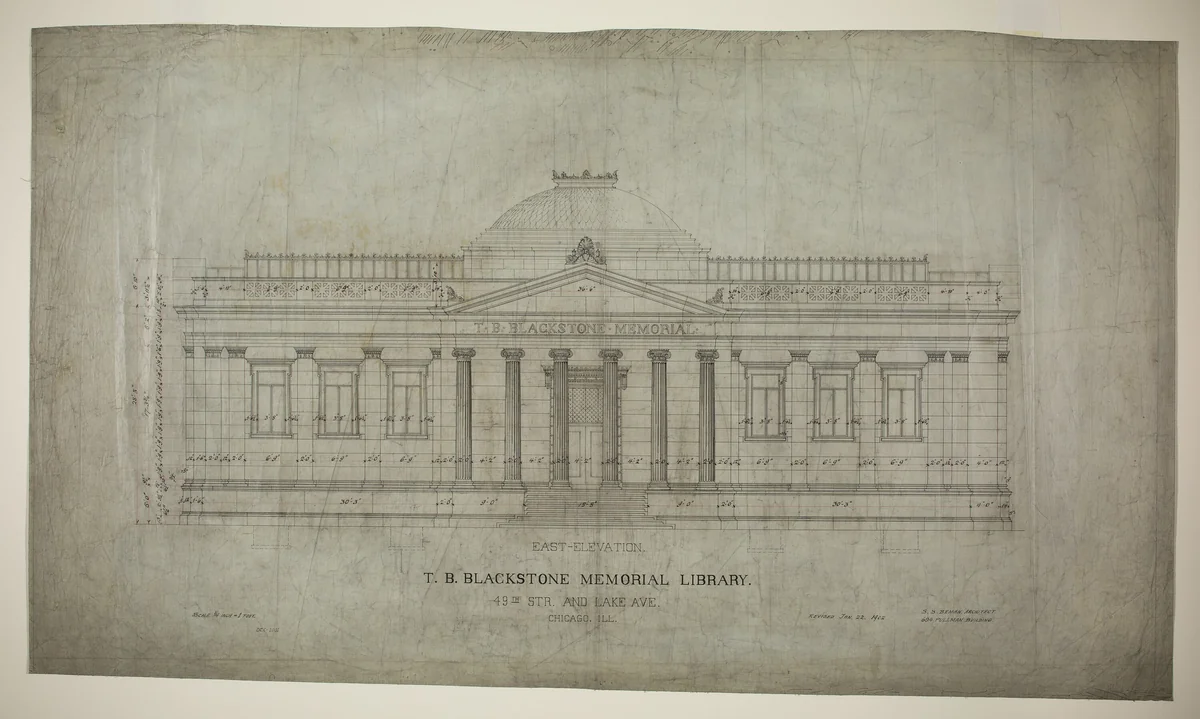 T.B. Blackstone Memorial Library, Chicago, Illinois, East Elevation by Solon Spencer Beman, drawing, 1901-1902
