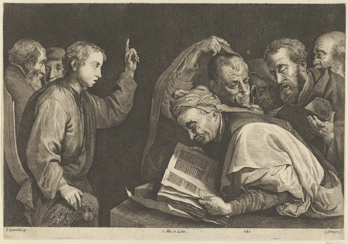 Young Christ Among the Doctors by Jan van Troyen, print, 1656-1660