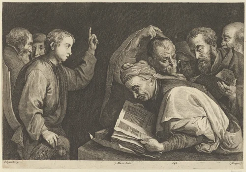 Young Christ Among the Doctors by Jan van Troyen, print, 1656-1660