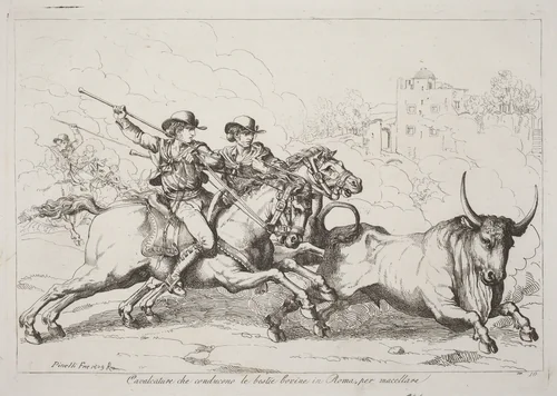 Cavalcature che conducono le bestie bovine in Roma, per macellare (Cattle Driven to the Slaughter in Rome) (Plate 16) by Bartolomeo Pinelli, print, 1809