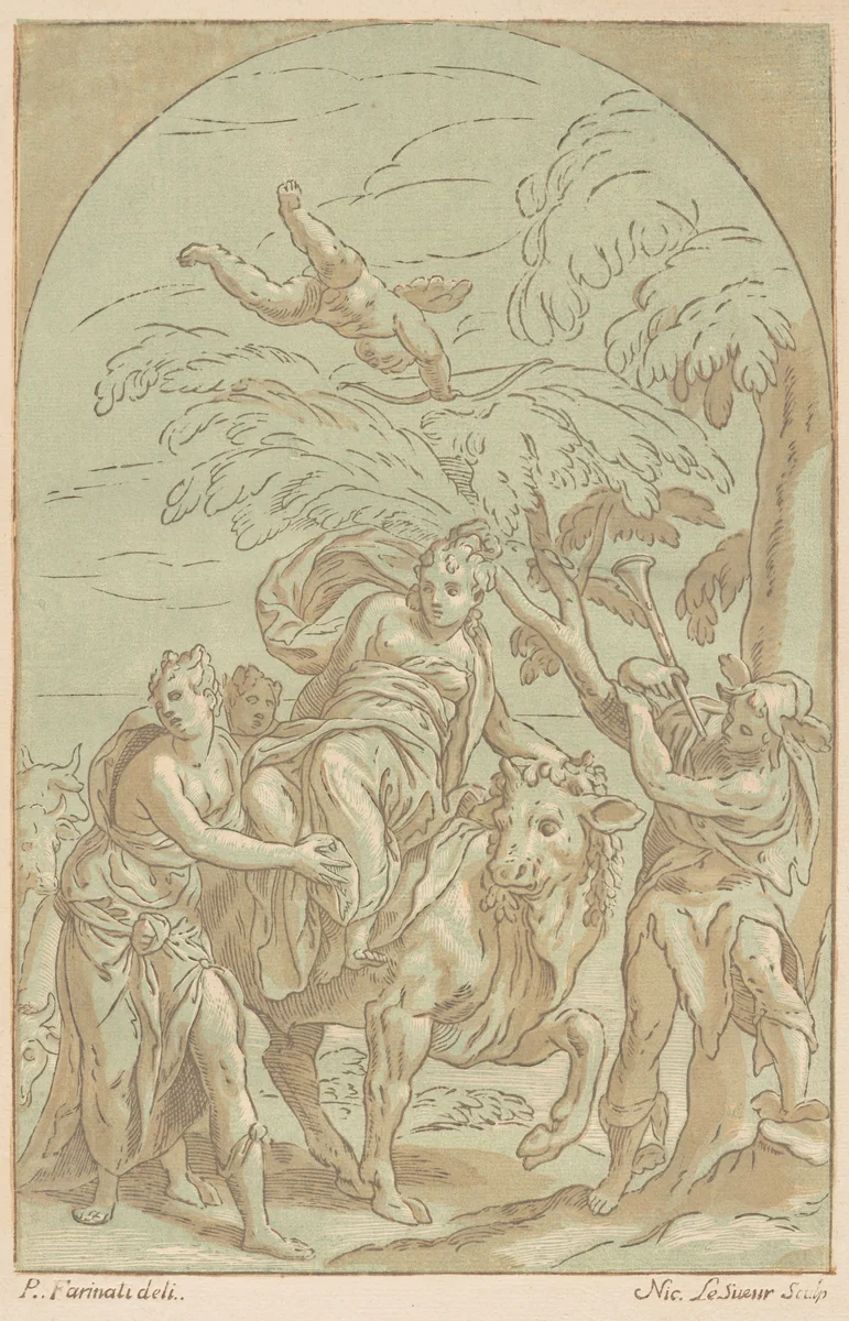 Rape of Europa by Nicolas Le Sueur; Paolo Farinati, print, 1690-1764