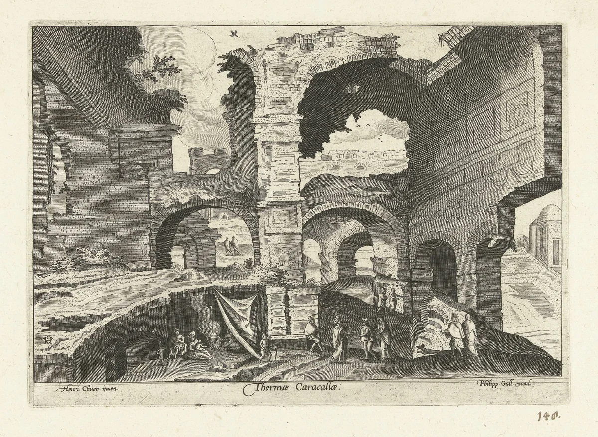 Gezicht op de ruïnes van de thermen van Caracalla by anonymous, print, 1585