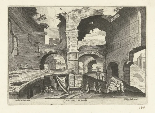 Gezicht op de ruïnes van de thermen van Caracalla by anonymous, print, 1585