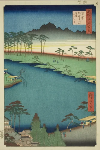 Kumano Junisha Shrine in Tsunohazu, Popularly Known as Juniso (Tsunohazu Kumano Junisha, zokusho Juniso), from the series "One Hundred Famous Views of Edo (Meisho Edo hyakkei)" by Utagawa Hiroshige (歌川広重), print, 1856