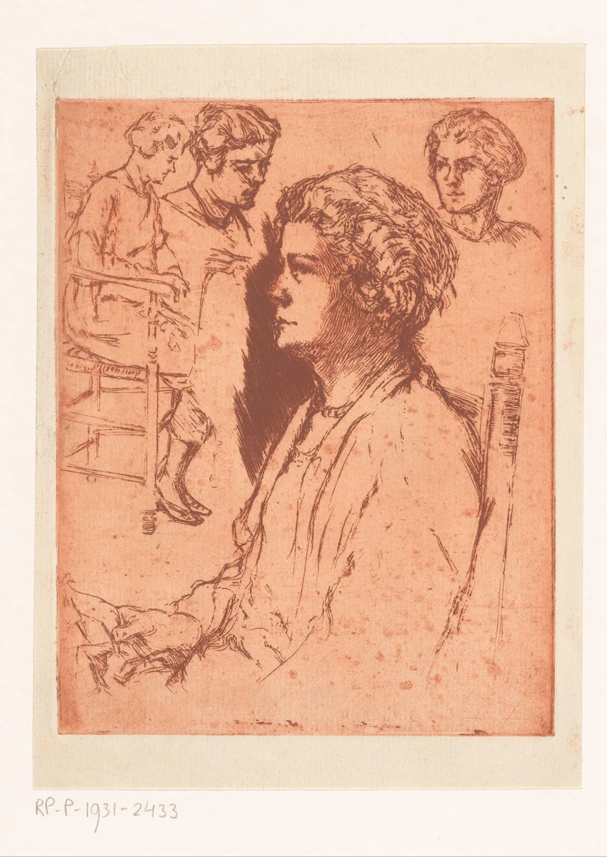 Vier studies van een vrouw op een stoel by Johannes Löhr, print, 1892-1928