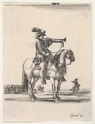 Trumpeter on horseback facing right, a group of horsemen in the background, from "Various cavalry exercises" (Diverses exercices de cavalerie) by Stefano della Bella, print, 1642-1645
