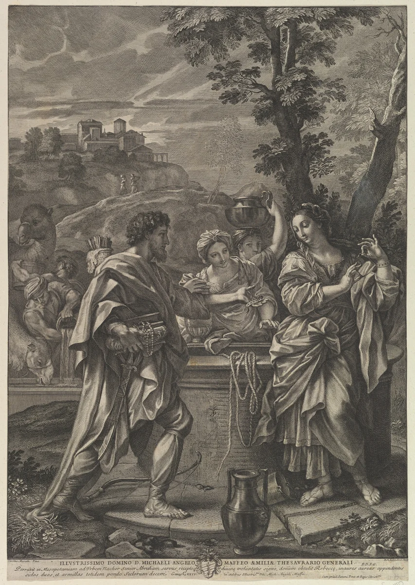 Rebecca at the Well by Robert van Audenaerde, print, 1663-1743