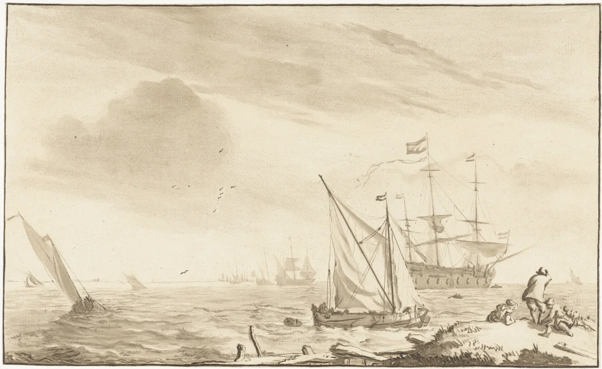 Oorlogsschip bij het strand by Jurriaan Cootwijck, print, 1724-1798