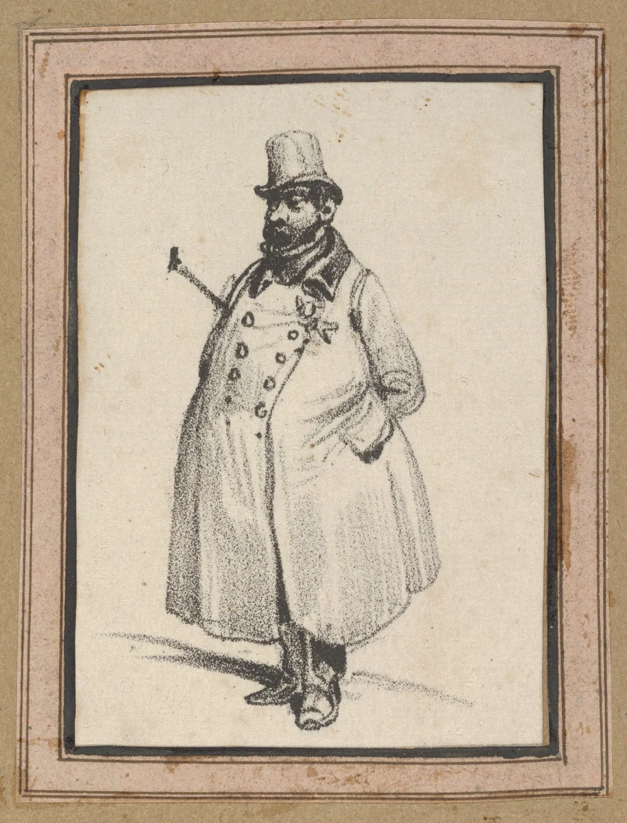 Man wearing a coat and a hat with a cane under his arm by Victor Adam, print, 1820-1866