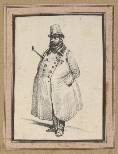 Man wearing a coat and a hat with a cane under his arm by Victor Adam, print, 1820-1866