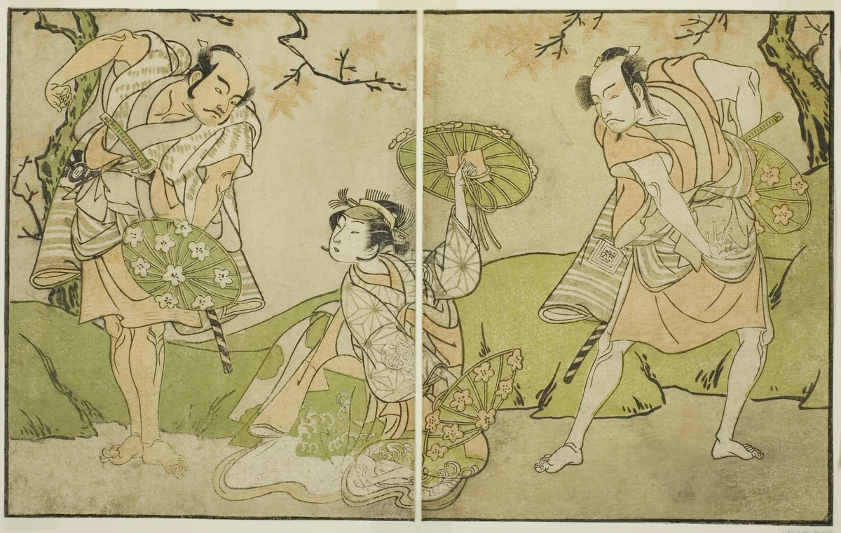 The Actors Ichikawa Somegoro (right), Segawa Kikunojo II (center), and Bando Sampachi (left), in Unidentified Roles in the Play Myoto-giku Izu no Kisewata, Performed at the Ichimura Theater in the Eleventh Month, 1770 by Katsukawa Shunsho (勝川 春章), print, 1767-1777