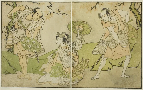 The Actors Ichikawa Somegoro (right), Segawa Kikunojo II (center), and Bando Sampachi (left), in Unidentified Roles in the Play Myoto-giku Izu no Kisewata, Performed at the Ichimura Theater in the Eleventh Month, 1770 by Katsukawa Shunsho (勝川 春章), print, 1767-1777