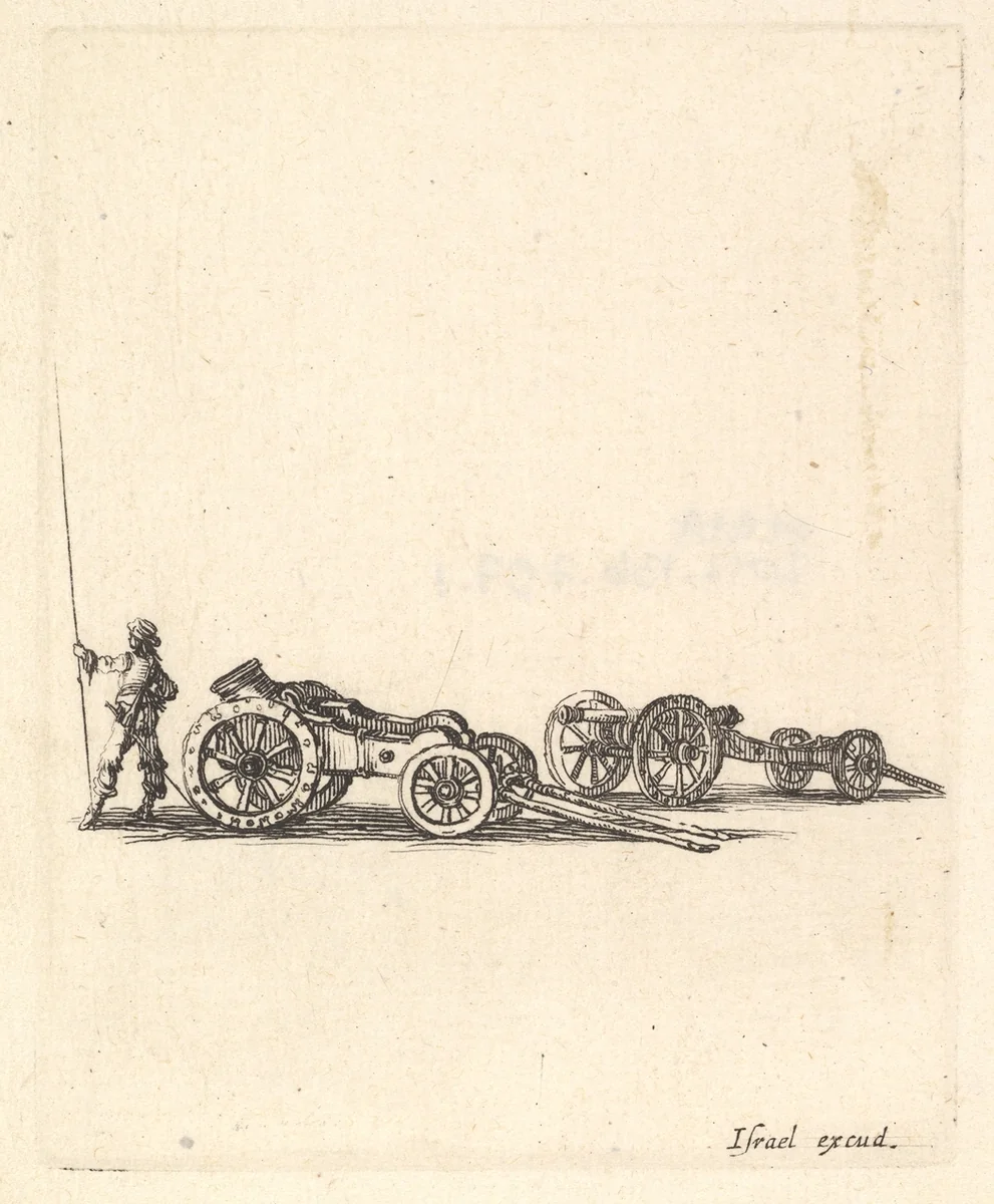 A mortar and a cannon, both mounted on carriages, a soldier shown from the back stands to the left, from "Equipment needed for Fortification" (Recueil de diverses pièces très nécessaires à la fortification) by Stefano della Bella, print, 1638-1643