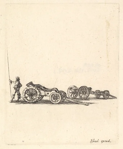 A mortar and a cannon, both mounted on carriages, a soldier shown from the back stands to the left, from "Equipment needed for Fortification" (Recueil de diverses pièces très nécessaires à la fortification) by Stefano della Bella, print, 1638-1643