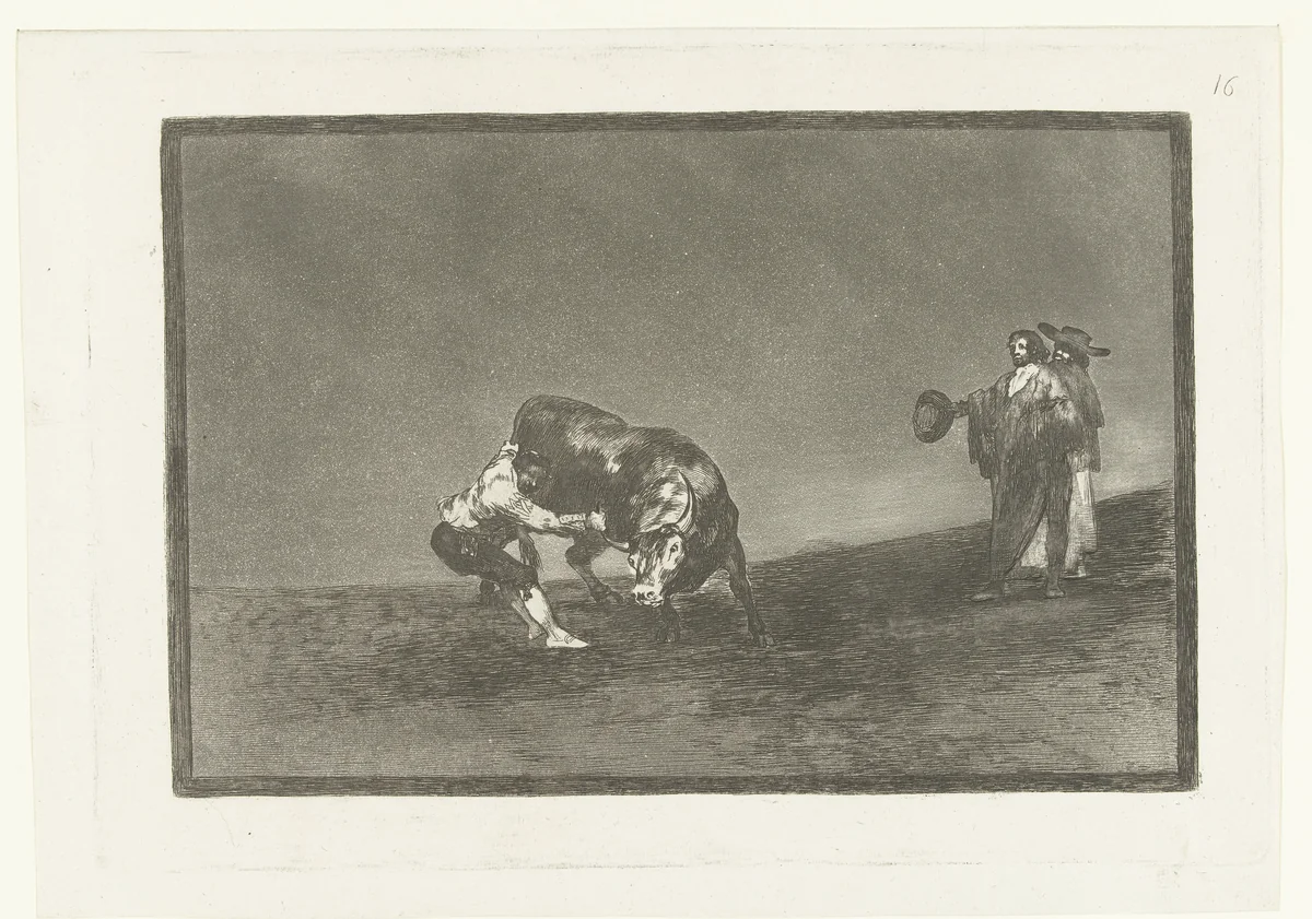Martincho grijpt een stier bij zijn hoorn by Francisco de Goya, print, 1811-1816