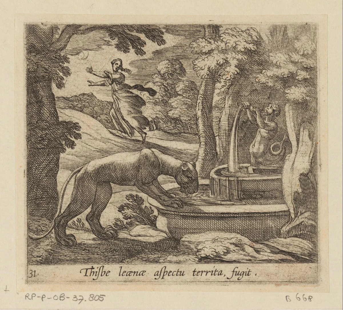 Thisbe vlucht voor de leeuwin bij de bron by Antonio Tempesta, print, 1606