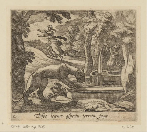 Thisbe vlucht voor de leeuwin bij de bron by Antonio Tempesta, print, 1606