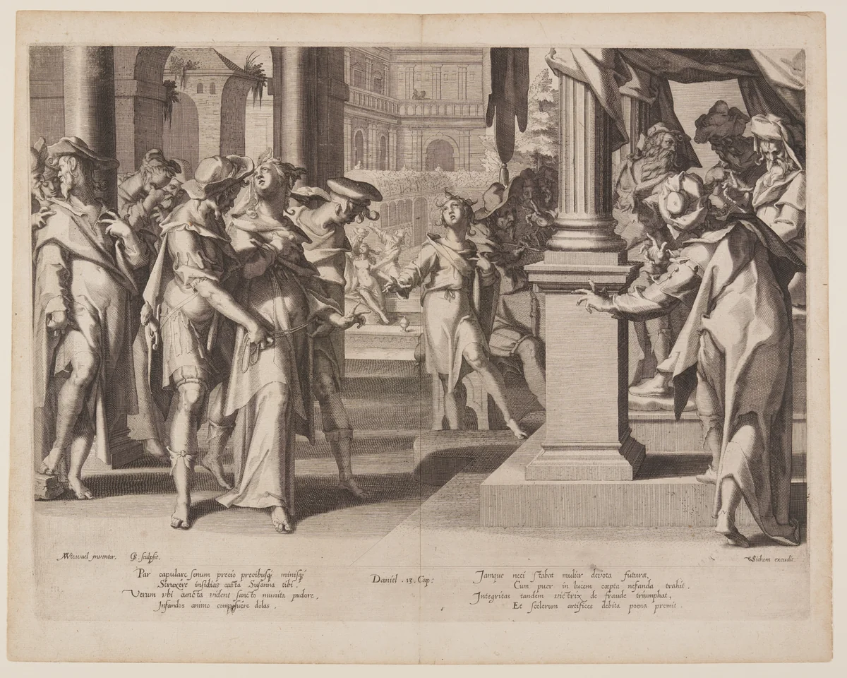 Susanna Before Daniel, plate 3 from Thrones of Justice (Thronus Iustitiae) by Willem van Swanenburgh, print, 1606