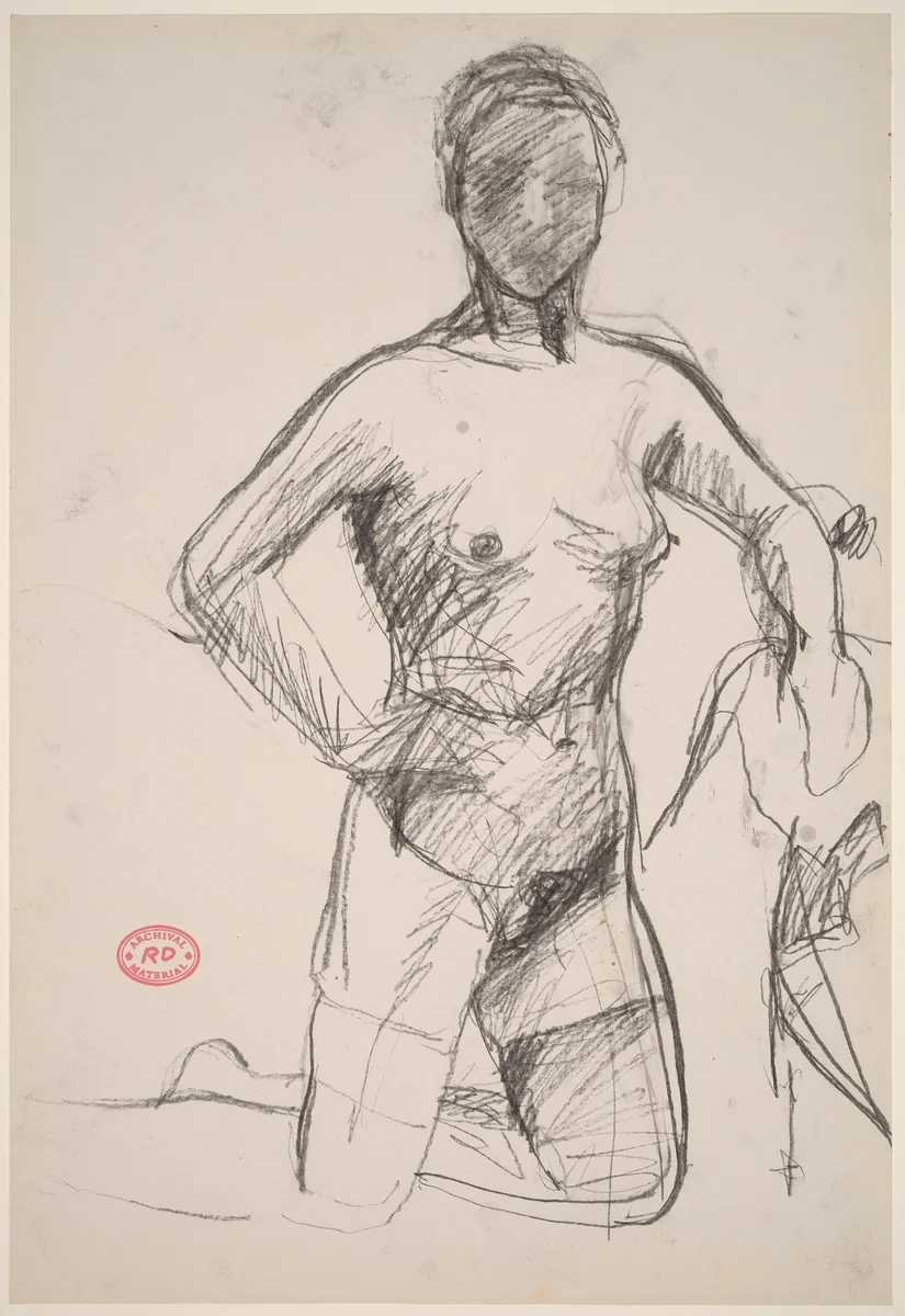 Untitled [kneeling female nude with her right hand on her hip] by Richard Diebenkorn, drawing, 1955-1967