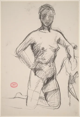 Untitled [kneeling female nude with her right hand on her hip] by Richard Diebenkorn, drawing, 1955-1967