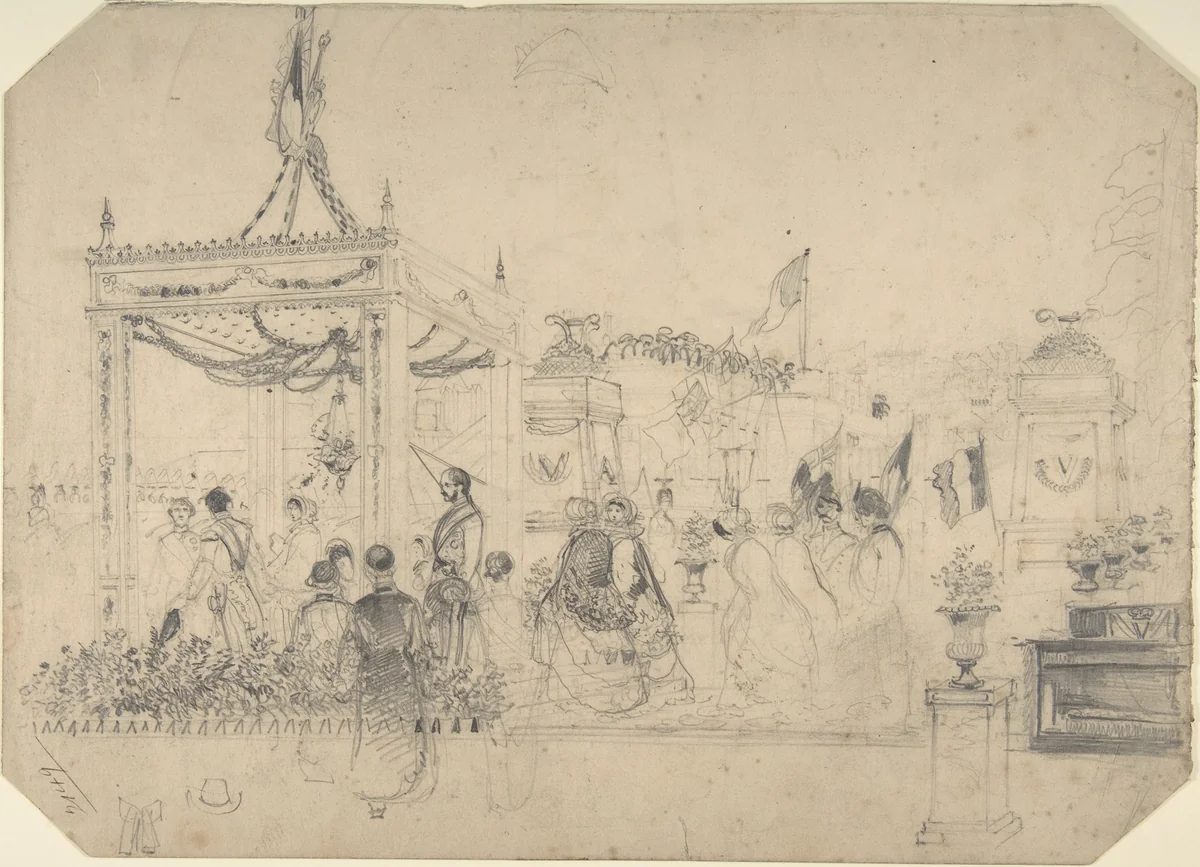 Victoria and Albert Arriving in France for a State Visit (recto); Welcome Arch (verso) by anonymous, drawing, 1850-1863