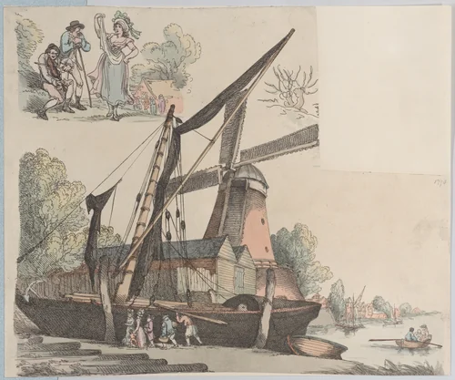 River Scene with Windmill (from Plate 9, Outlines of Figures, Landscapes and Cattle...for the Use of Learners) by Thomas Rowlandson, print, 1791