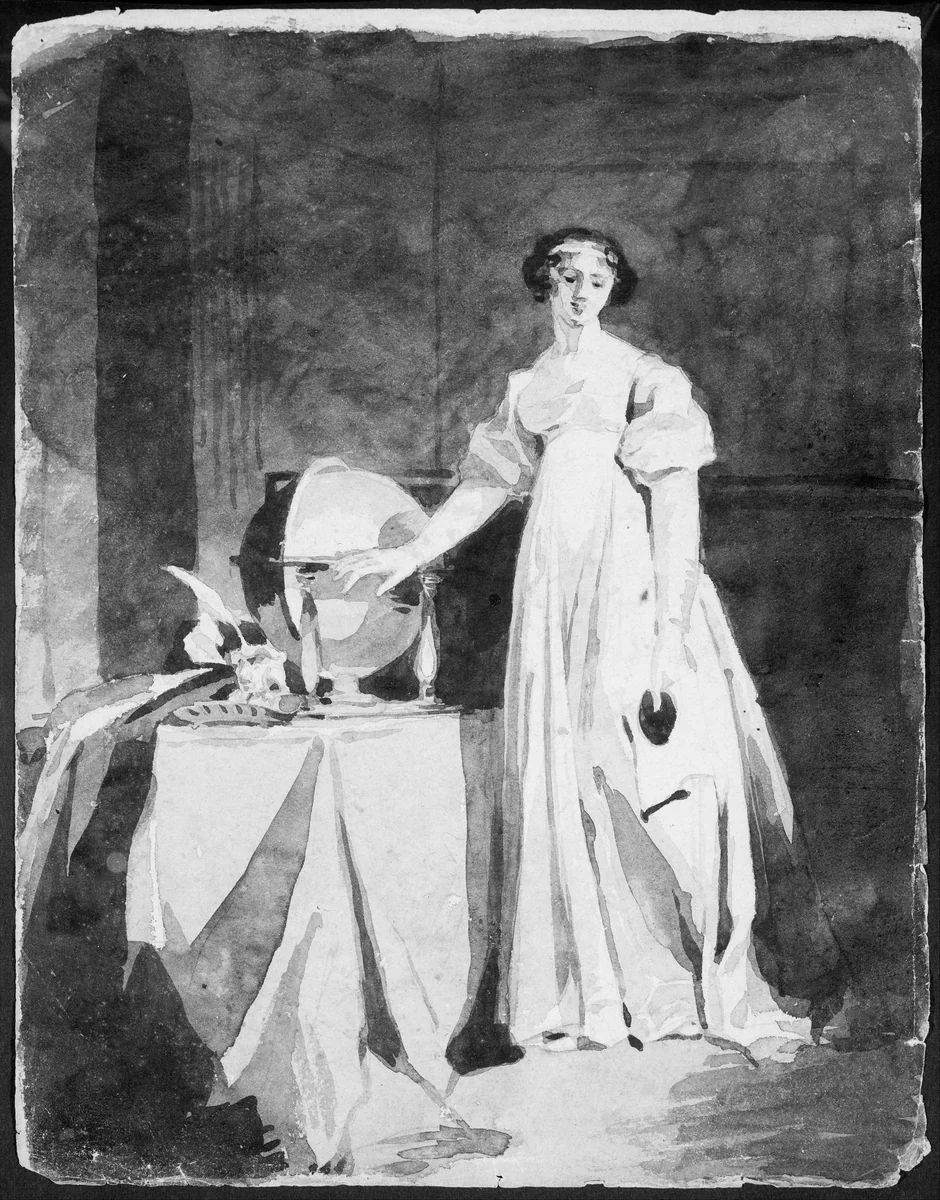 Standing Portrait of a Lady with a Globe (from Sketchbook) by Thomas Sully, artwork, 1810-1820