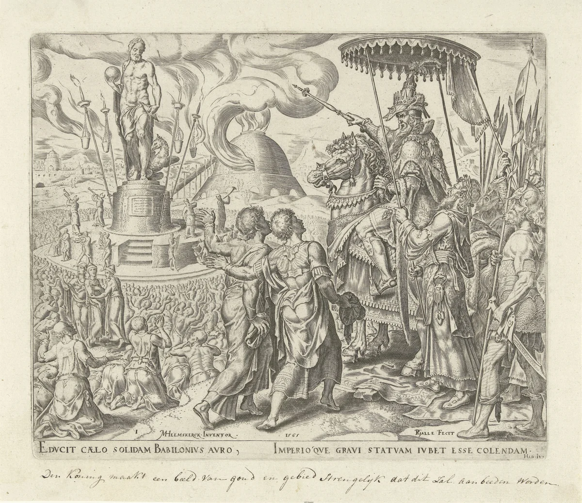 Een woedende Nebukadnessar beveelt om Sadrach, Mesach en Abednego bij hem te brengen by Unknown, print, 1565