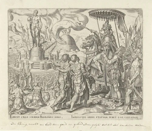 Een woedende Nebukadnessar beveelt om Sadrach, Mesach en Abednego bij hem te brengen by Unknown, print, 1565
