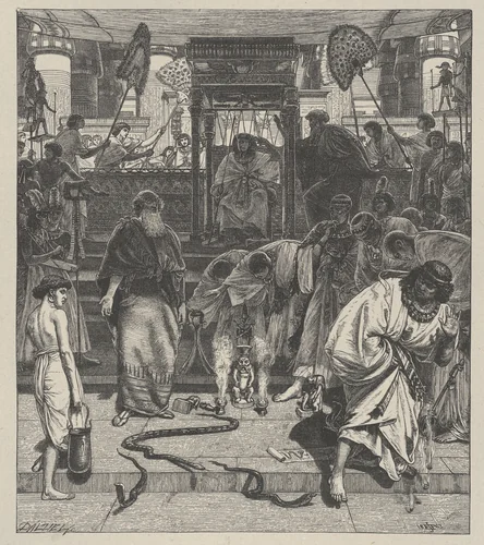 Moses and Aaron Before Pharoah, from "Dalziels' Bible Gallery" by Edward John Poynter, print, 1863-1881