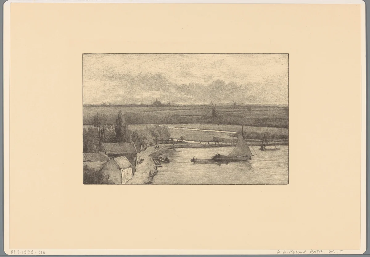 Landschap met zeilschepen op het water by Richard Nicolaüs Roland Holst, print, 1892